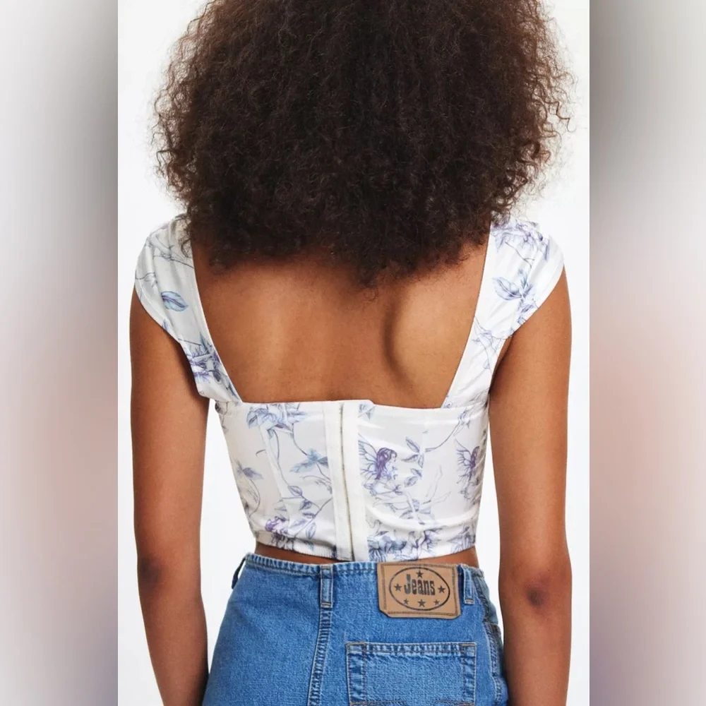 UO Out From Under About Time Printed Cropped Satin Corset Top, Ivory, Me… - Picture 4 of 4